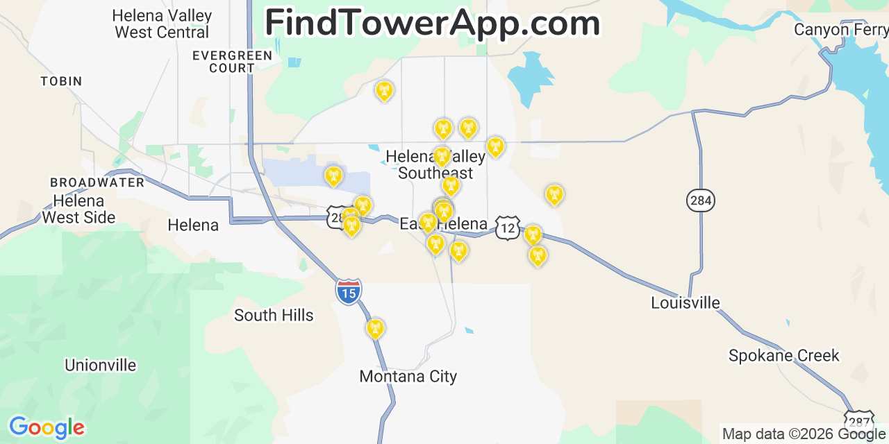 Map showing the 20 primary cell tower locations detected in East Helena, Montana from AT&T, Verizon, and T-Mobile networks