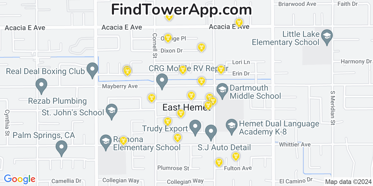 AT&T 4G/5G cell tower coverage map East Hemet, California