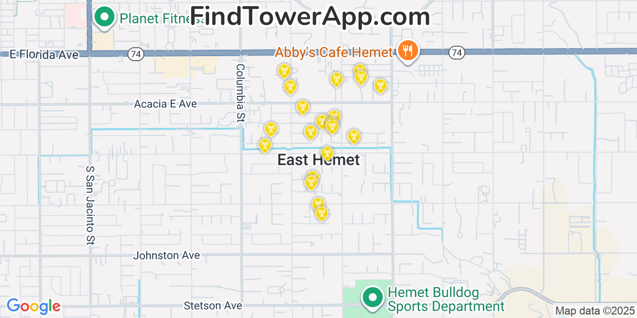 Map showing the 20 primary cell tower locations detected in East Hemet, California from AT&T, Verizon, and T-Mobile networks