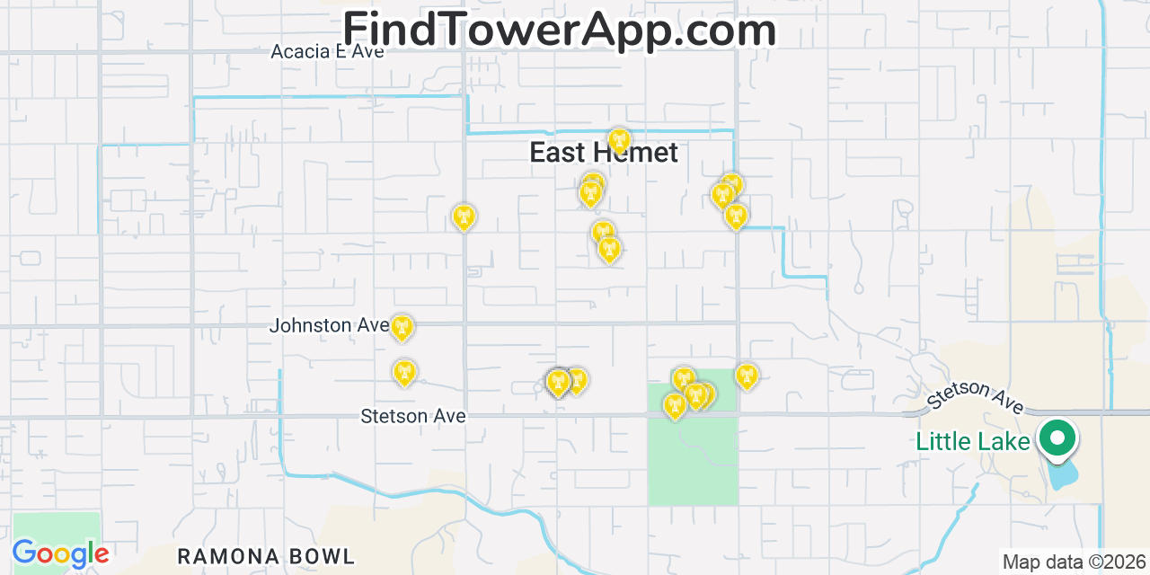 Map showing the 20 primary cell tower locations detected in East Hemet, California from AT&T, Verizon, and T-Mobile networks