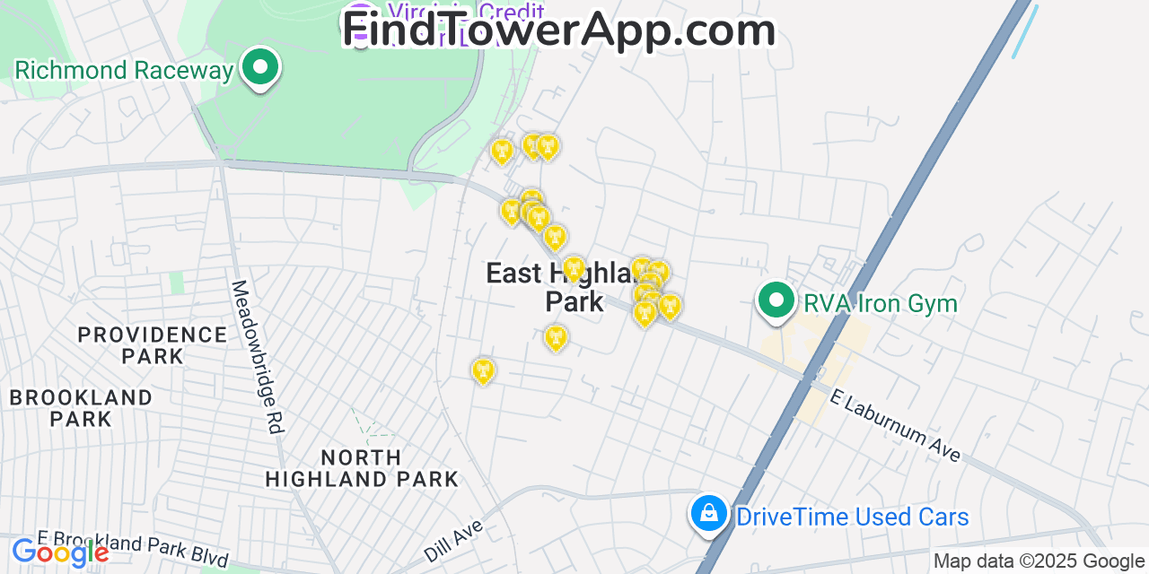 Map showing the 20 primary cell tower locations detected in East Highland Park, Virginia from AT&T, Verizon, and T-Mobile networks