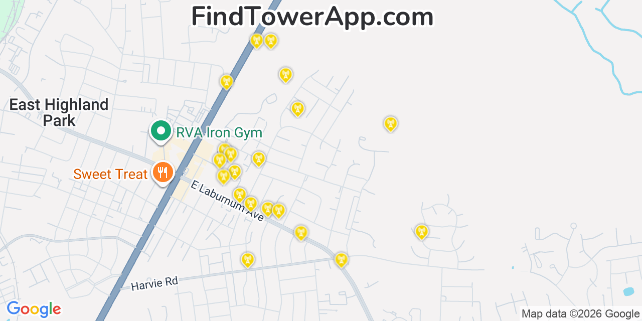 Map showing the 20 primary cell tower locations detected in East Highland Park, Virginia from AT&T, Verizon, and T-Mobile networks