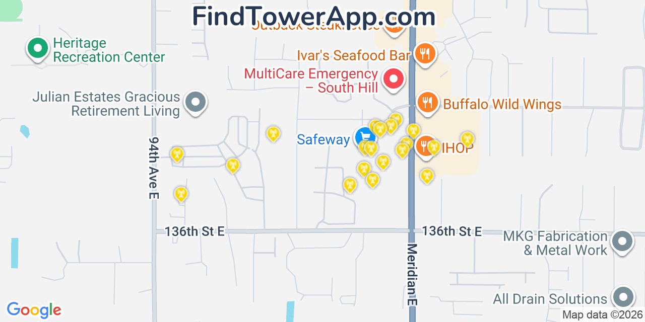 Map showing the 20 primary cell tower locations detected in East Hill Meridian, Washington from AT&T, Verizon, and T-Mobile networks