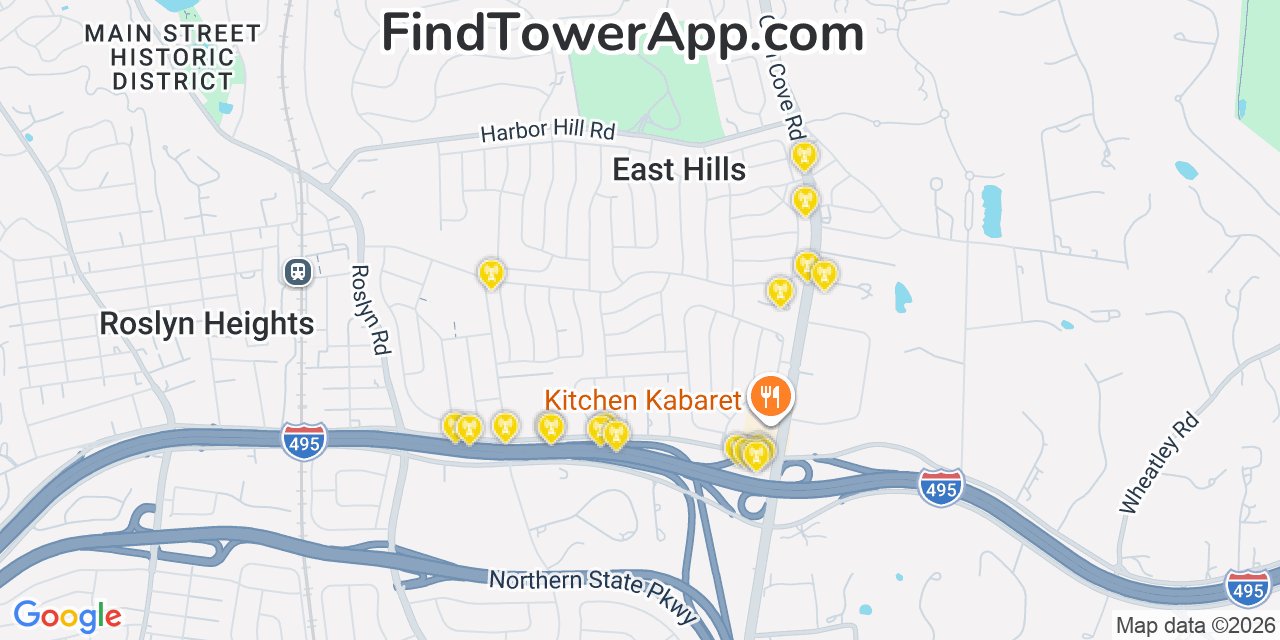Map showing the 20 primary cell tower locations detected in East Hills, New York from AT&T, Verizon, and T-Mobile networks