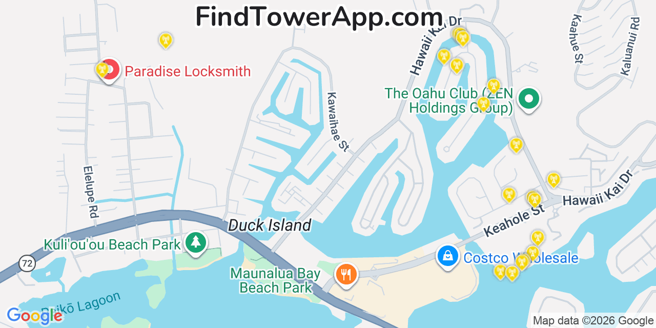 Map showing the 20 primary cell tower locations detected in East Honolulu, Hawaii from AT&T, Verizon, and T-Mobile networks