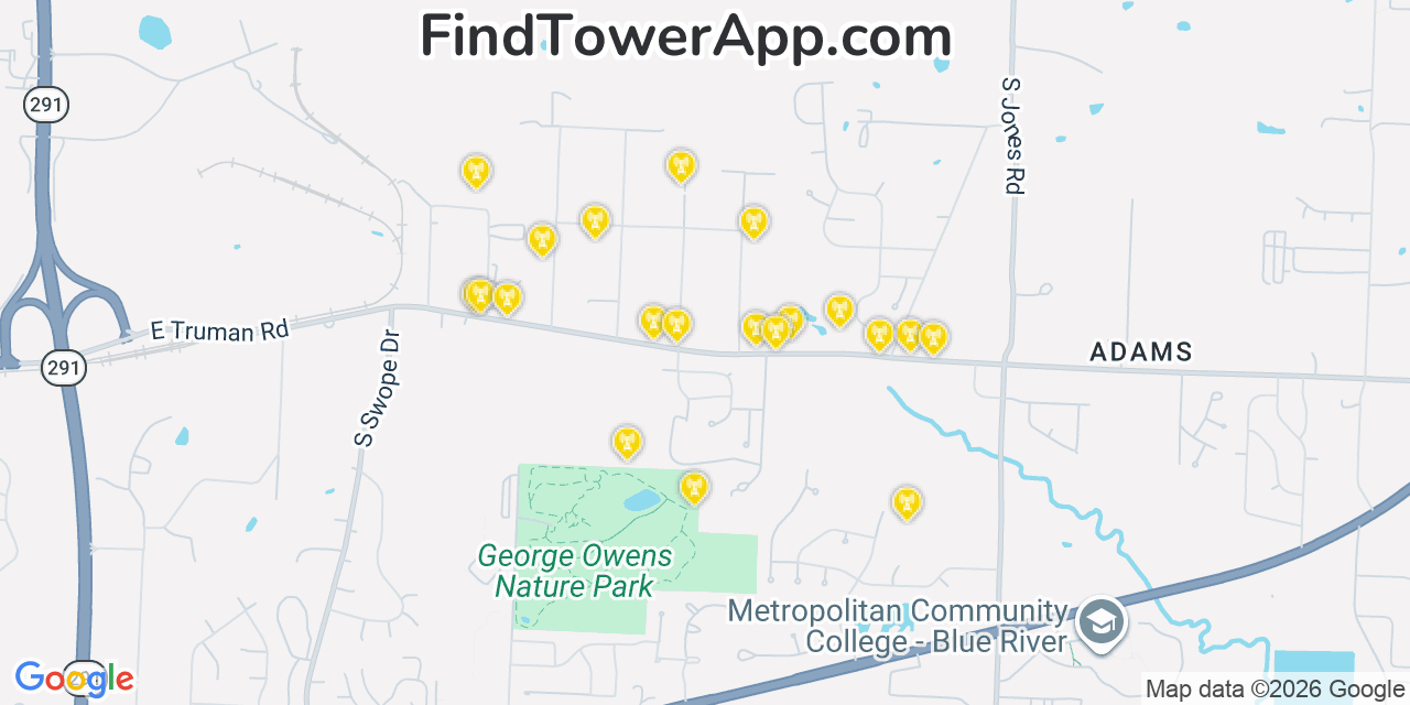 Map showing the 20 primary cell tower locations detected in East Independence, Missouri from AT&T, Verizon, and T-Mobile networks