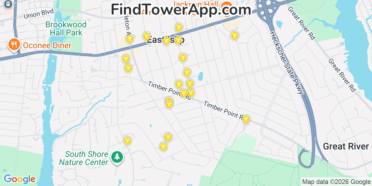 Map showing the 20 primary cell tower locations detected in East Islip, New York from AT&T, Verizon, and T-Mobile networks