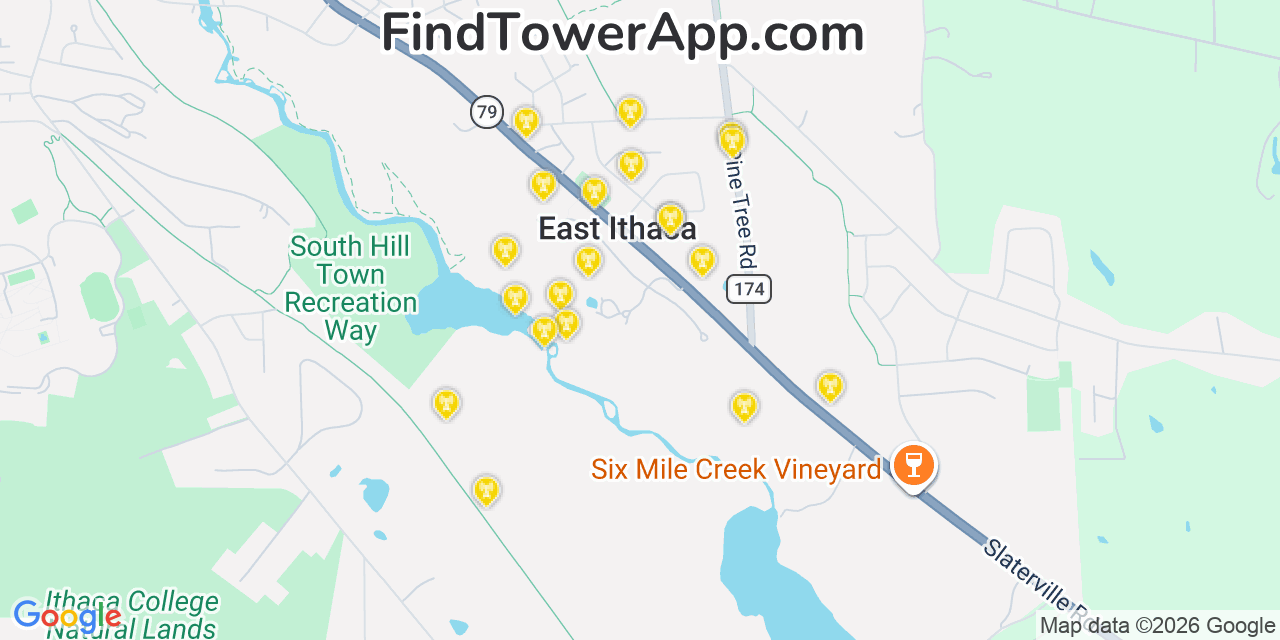 Map showing the 20 primary cell tower locations detected in East Ithaca, New York from AT&T, Verizon, and T-Mobile networks
