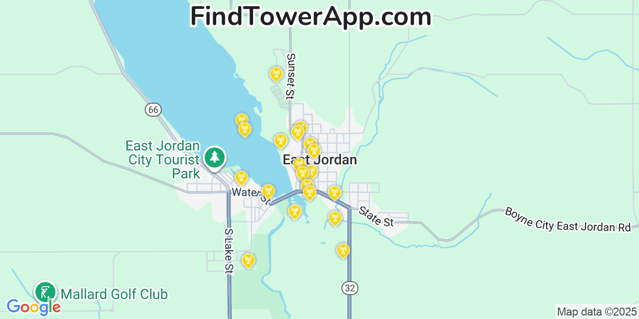 Map showing the 20 primary cell tower locations detected in East Jordan, Michigan from AT&T, Verizon, and T-Mobile networks