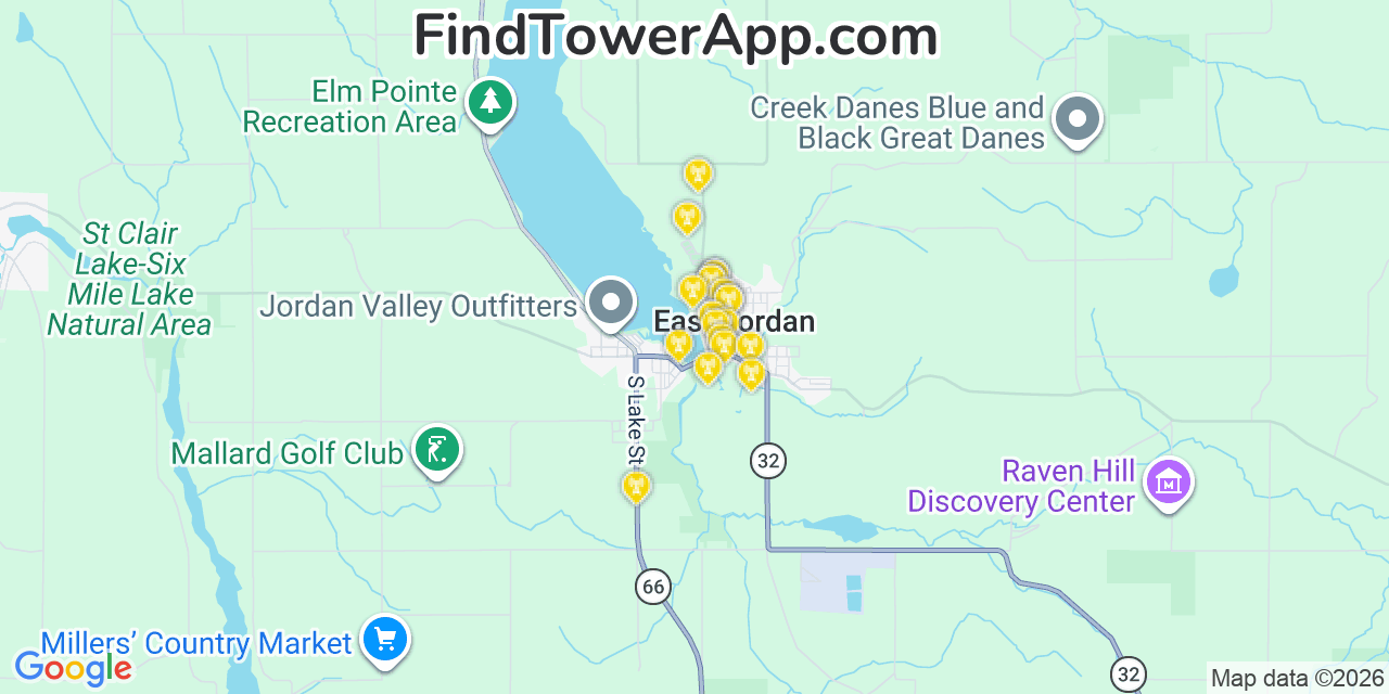 Map showing the 20 primary cell tower locations detected in East Jordan, Michigan from AT&T, Verizon, and T-Mobile networks