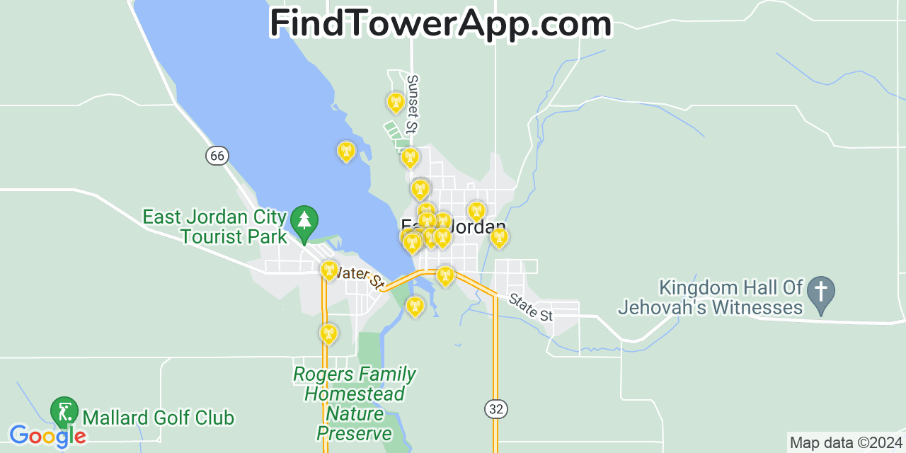 Verizon 4G/5G cell tower coverage map East Jordan, Michigan