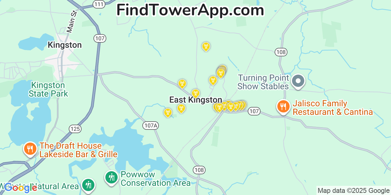 Map showing the 20 primary cell tower locations detected in East Kingston, New Hampshire from AT&T, Verizon, and T-Mobile networks