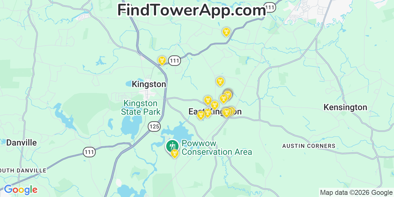 Map showing the 20 primary cell tower locations detected in East Kingston, New Hampshire from AT&T, Verizon, and T-Mobile networks