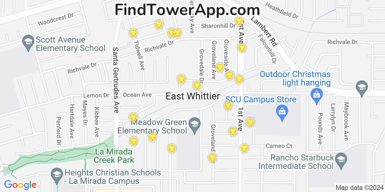 AT&T 4G/5G cell tower coverage map East La Mirada, California