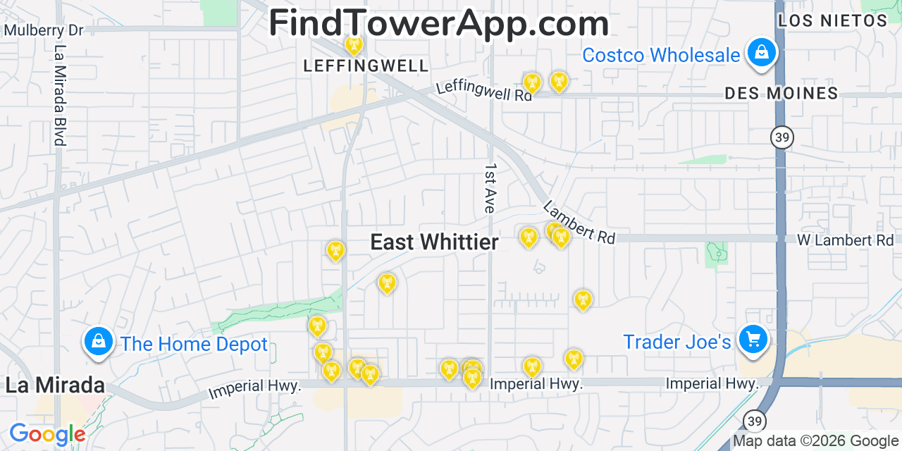 Map showing the 20 primary cell tower locations detected in East La Mirada, California from AT&T, Verizon, and T-Mobile networks
