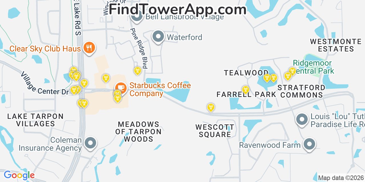 Map showing the 20 primary cell tower locations detected in East Lake, Florida from AT&T, Verizon, and T-Mobile networks