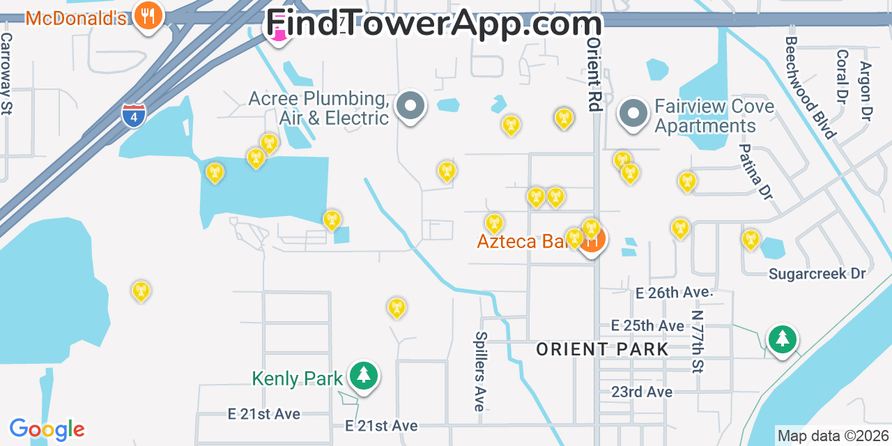 Map showing the 20 primary cell tower locations detected in East Lake Orient Park, Florida from AT&T, Verizon, and T-Mobile networks