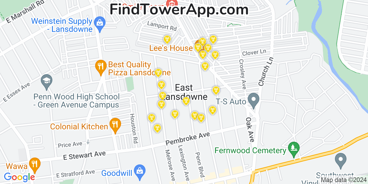 AT&T 4G/5G cell tower coverage map East Lansdowne, Pennsylvania