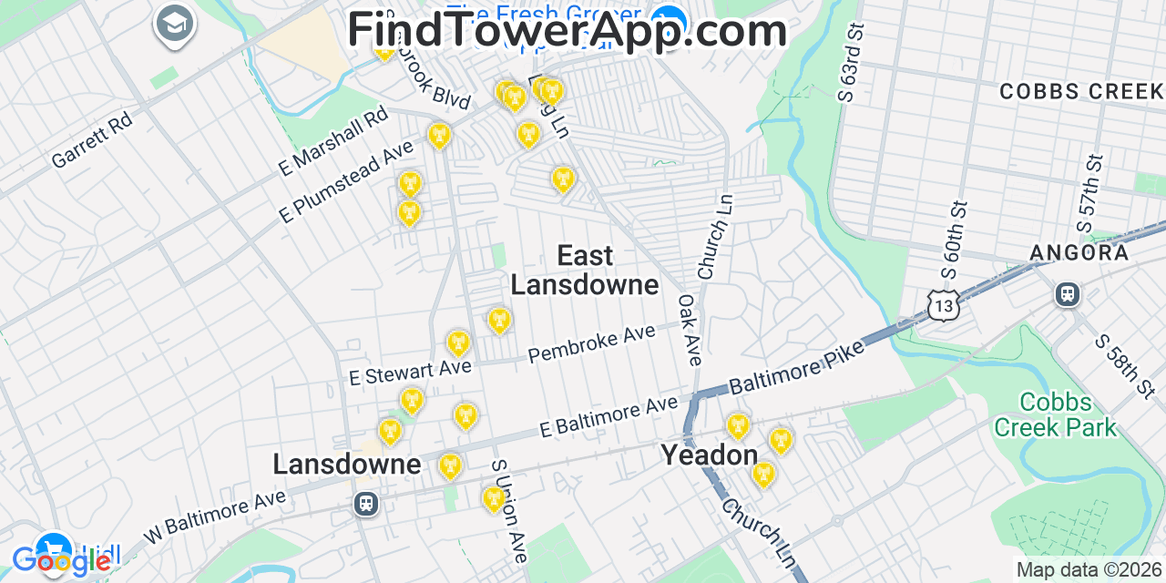 Map showing the 20 primary cell tower locations detected in East Lansdowne, Pennsylvania from AT&T, Verizon, and T-Mobile networks