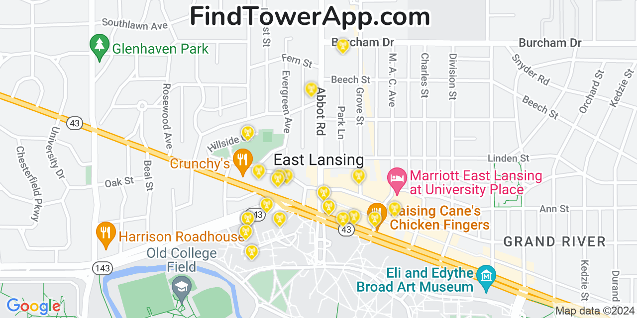 AT&T 4G/5G cell tower coverage map East Lansing, Michigan