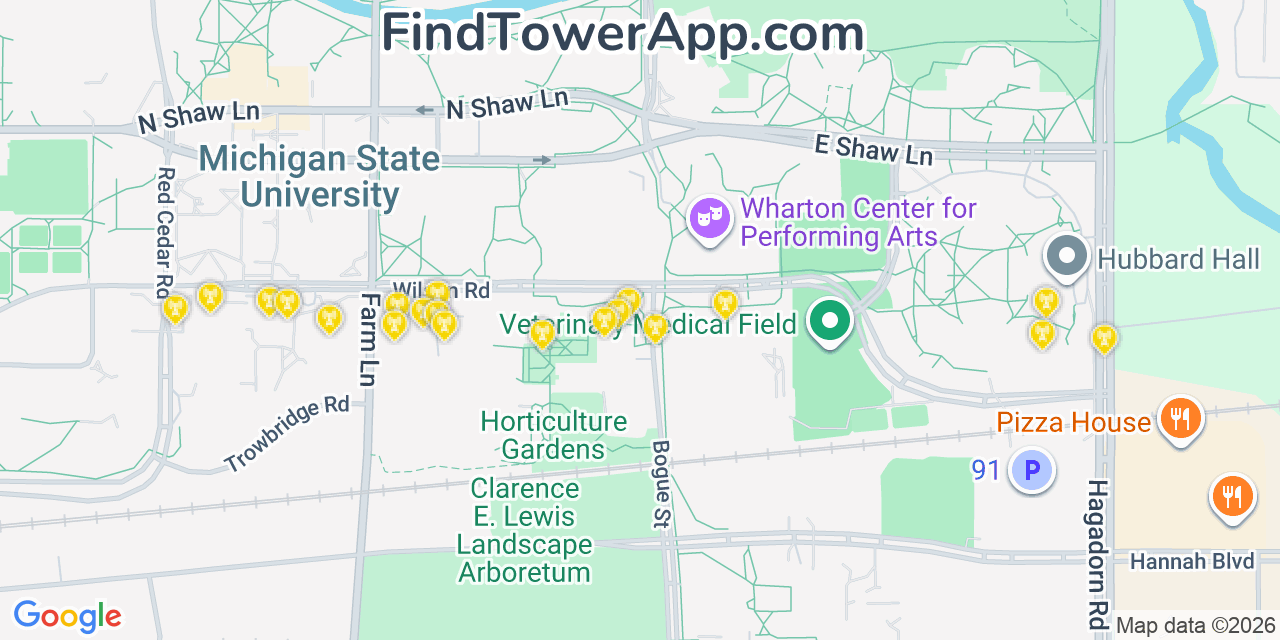 Map showing the 20 primary cell tower locations detected in East Lansing, Michigan from AT&T, Verizon, and T-Mobile networks