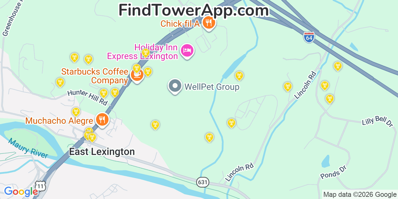Map showing the 20 primary cell tower locations detected in East Lexington, Virginia from AT&T, Verizon, and T-Mobile networks
