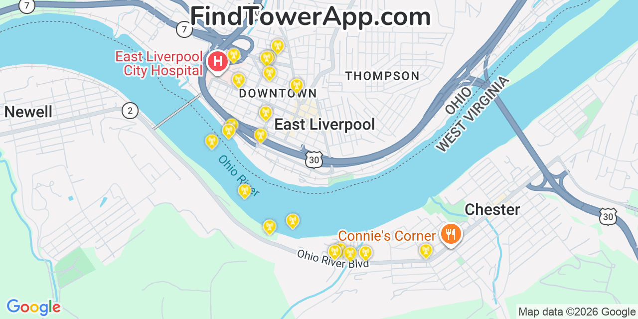 Map showing the 20 primary cell tower locations detected in East Liverpool, Ohio from AT&T, Verizon, and T-Mobile networks