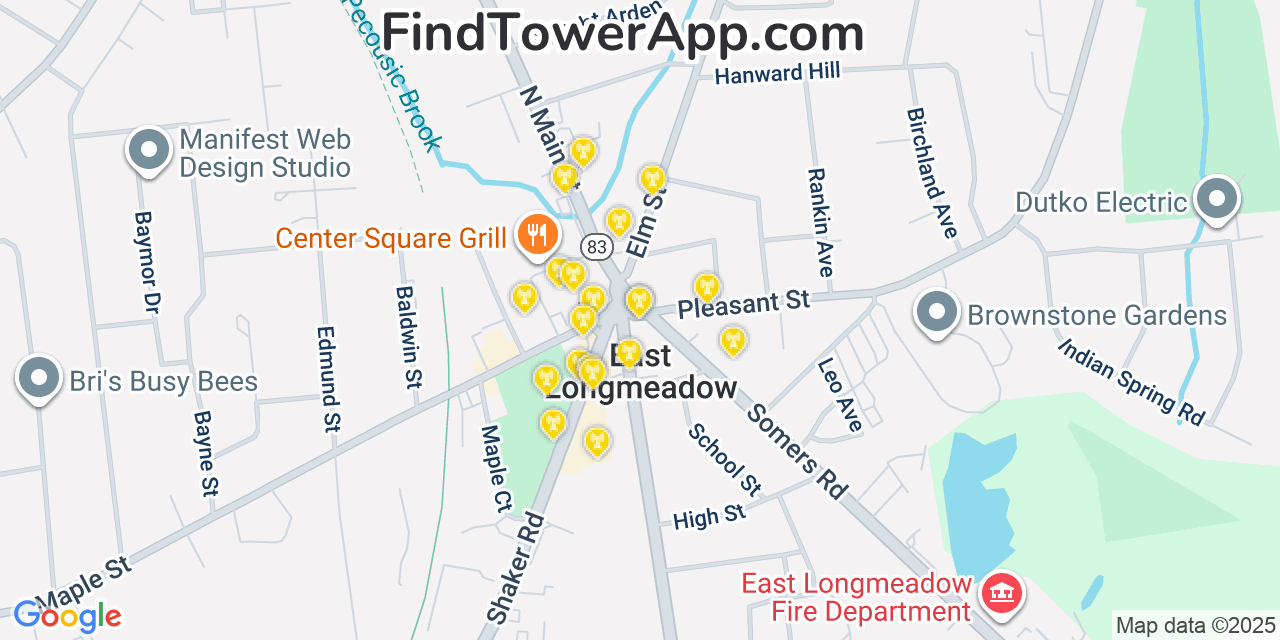 Map showing the 20 primary cell tower locations detected in East Longmeadow, Massachusetts from AT&T, Verizon, and T-Mobile networks