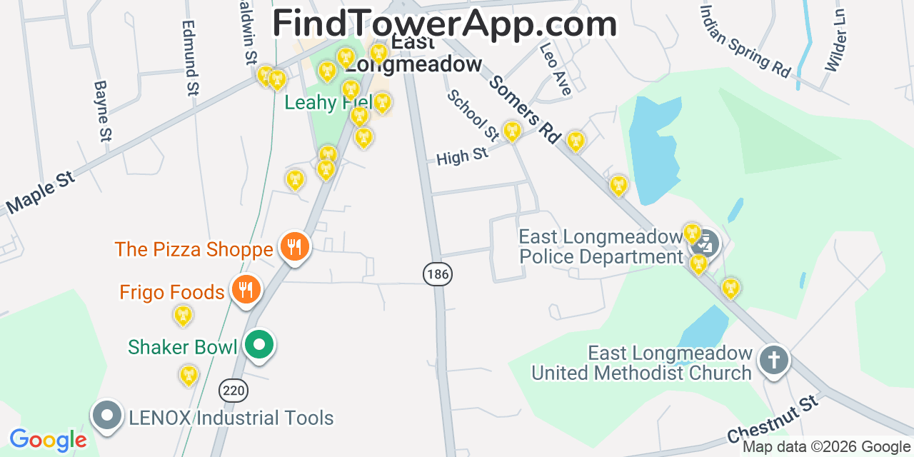 Map showing the 20 primary cell tower locations detected in East Longmeadow, Massachusetts from AT&T, Verizon, and T-Mobile networks