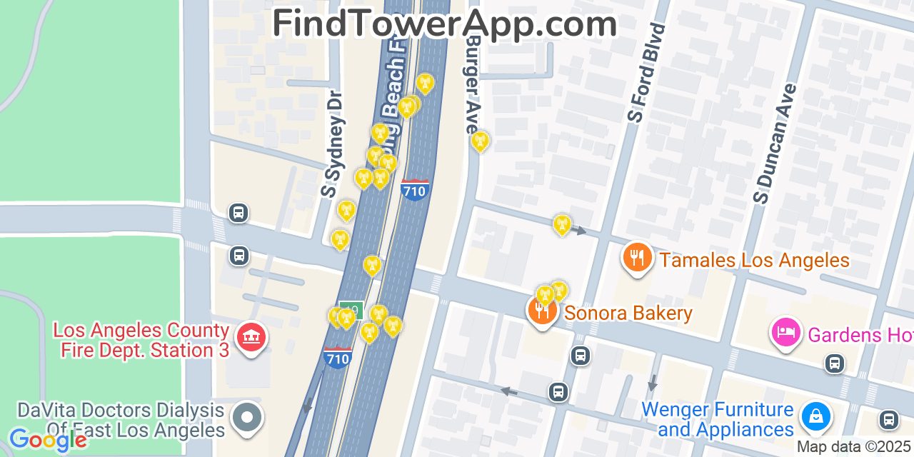 Map showing the 20 primary cell tower locations detected in East Los Angeles, California from AT&T, Verizon, and T-Mobile networks