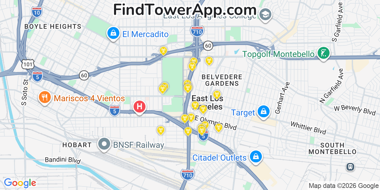 Map showing the 20 primary cell tower locations detected in East Los Angeles, California from AT&T, Verizon, and T-Mobile networks