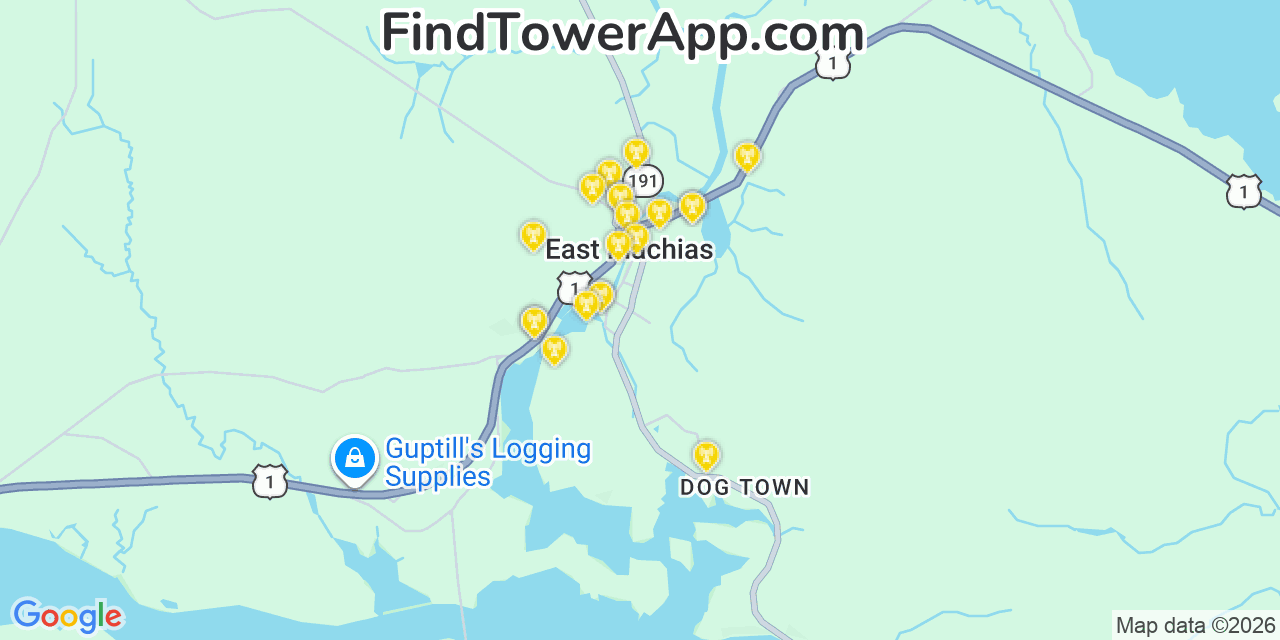 Map showing the 20 primary cell tower locations detected in East Machias, Maine from AT&T, Verizon, and T-Mobile networks