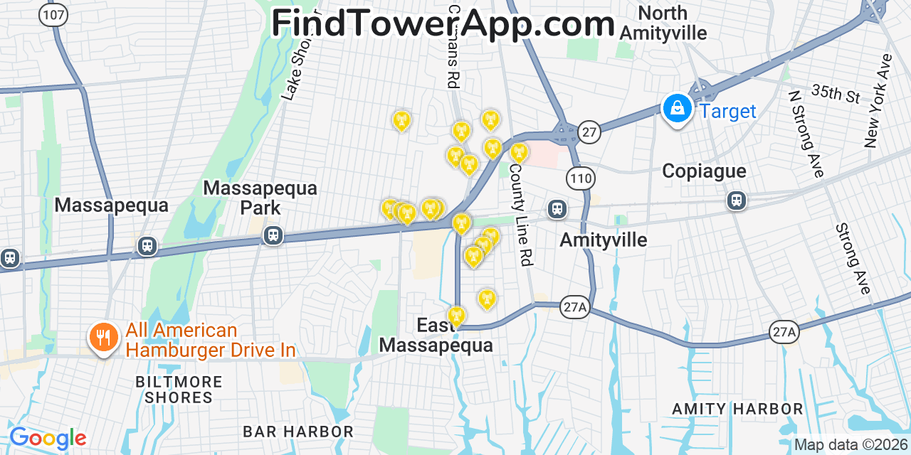 Map showing the 20 primary cell tower locations detected in East Massapequa, New York from AT&T, Verizon, and T-Mobile networks