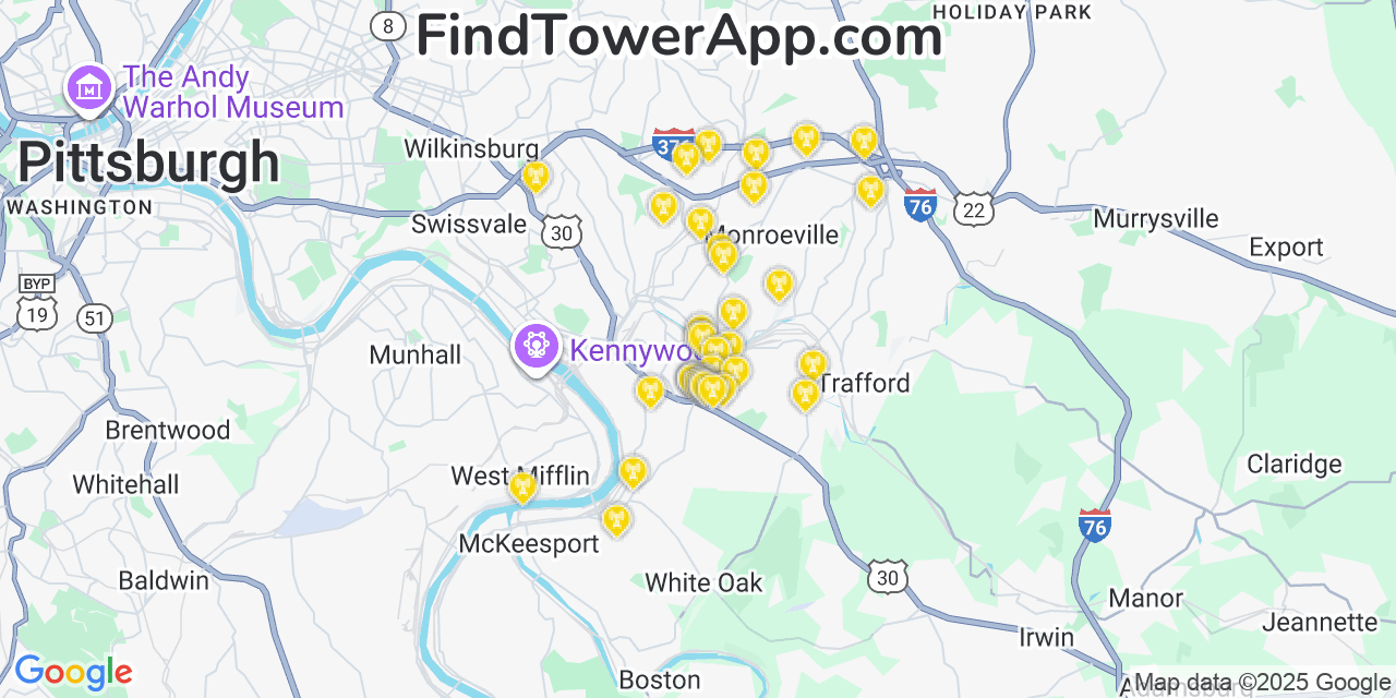 Map showing the 37 primary AT&T cell tower locations detected in East Mckeesport, Pennsylvania with coverage radius and signal strength indicators