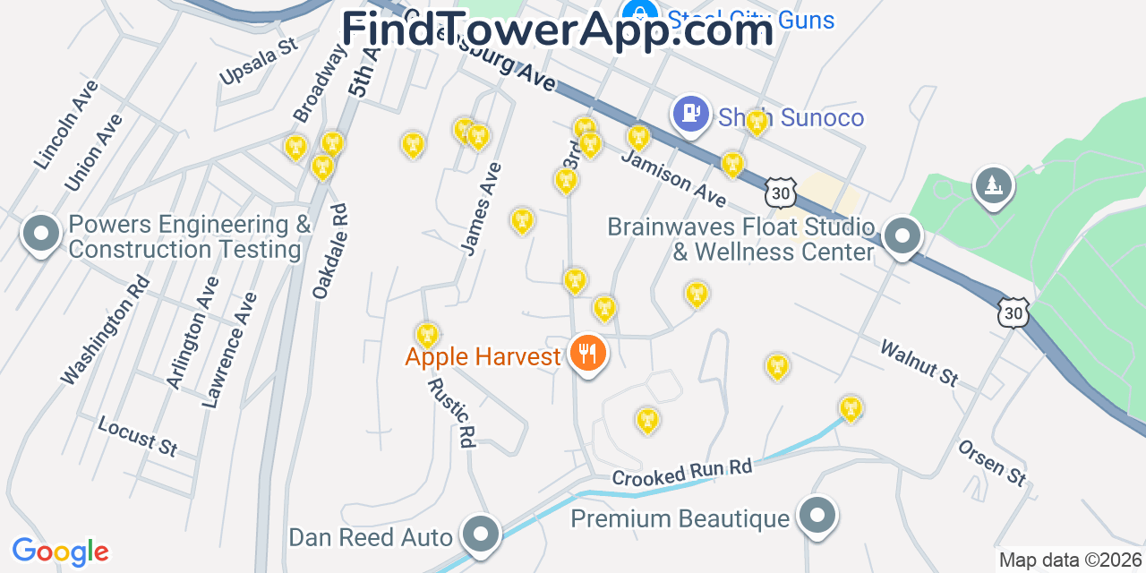 Map showing the 20 primary cell tower locations detected in East Mckeesport, Pennsylvania from AT&T, Verizon, and T-Mobile networks