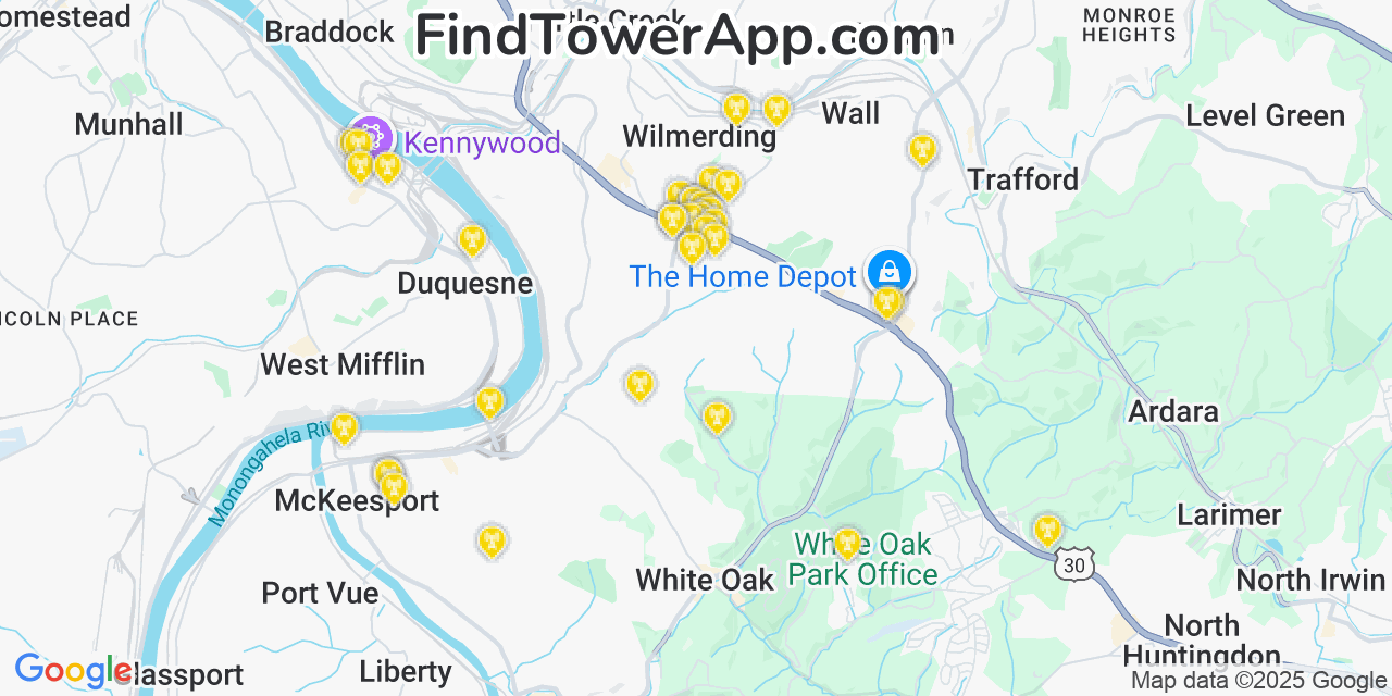 Map showing the 35 primary T-Mobile cell tower locations detected in East Mckeesport, Pennsylvania with coverage radius and signal strength indicators