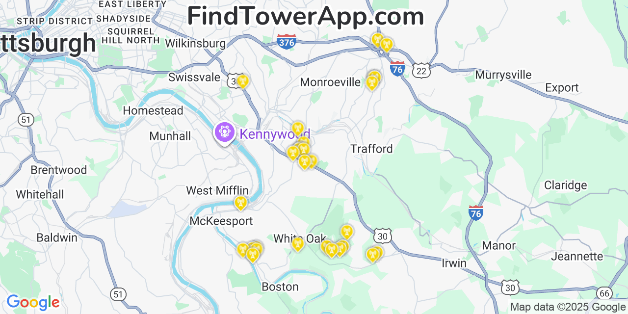 Map showing the 28 primary Verizon cell tower locations detected in East Mckeesport, Pennsylvania with coverage radius and signal strength indicators