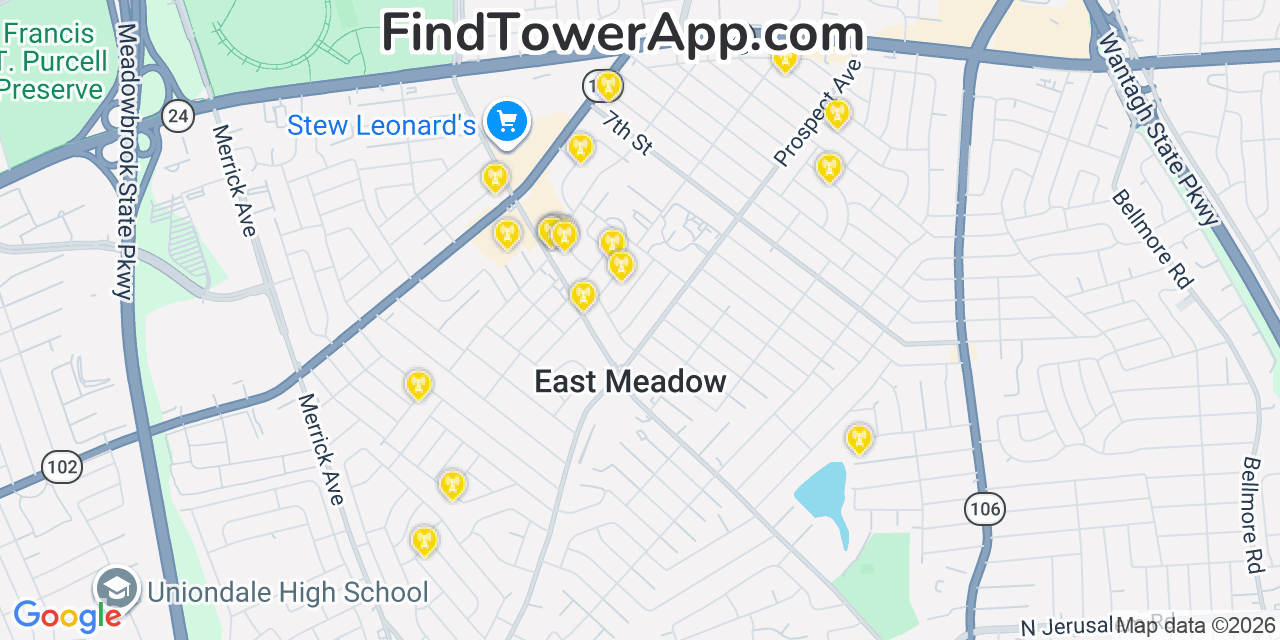 Map showing the 20 primary cell tower locations detected in East Meadow, New York from AT&T, Verizon, and T-Mobile networks