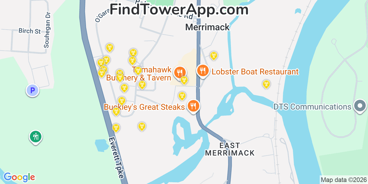 Map showing the 20 primary cell tower locations detected in East Merrimack, New Hampshire from AT&T, Verizon, and T-Mobile networks