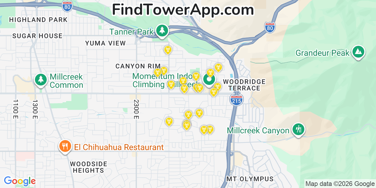 Map showing the 20 primary cell tower locations detected in East Millcreek, Utah from AT&T, Verizon, and T-Mobile networks