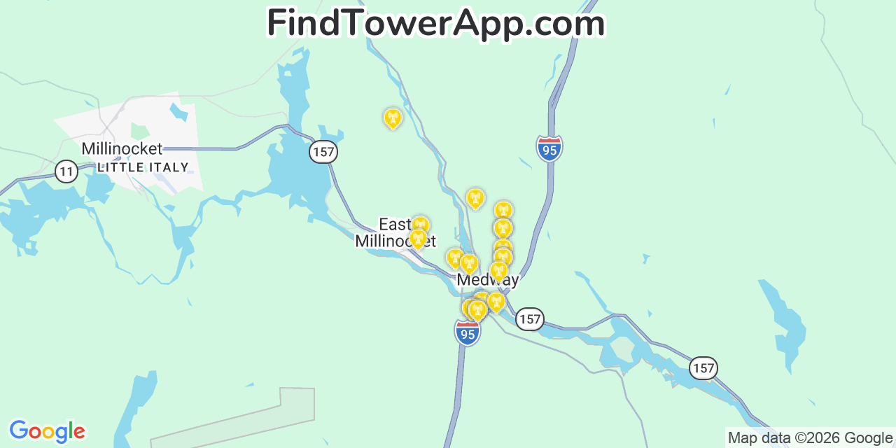 Map showing the 20 primary cell tower locations detected in East Millinocket, Maine from AT&T, Verizon, and T-Mobile networks