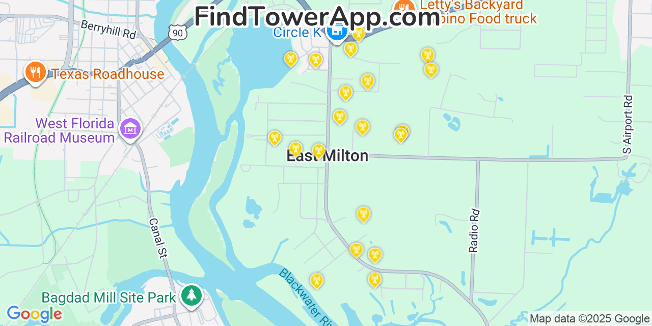Map showing the 20 primary cell tower locations detected in East Milton, Florida from AT&T, Verizon, and T-Mobile networks