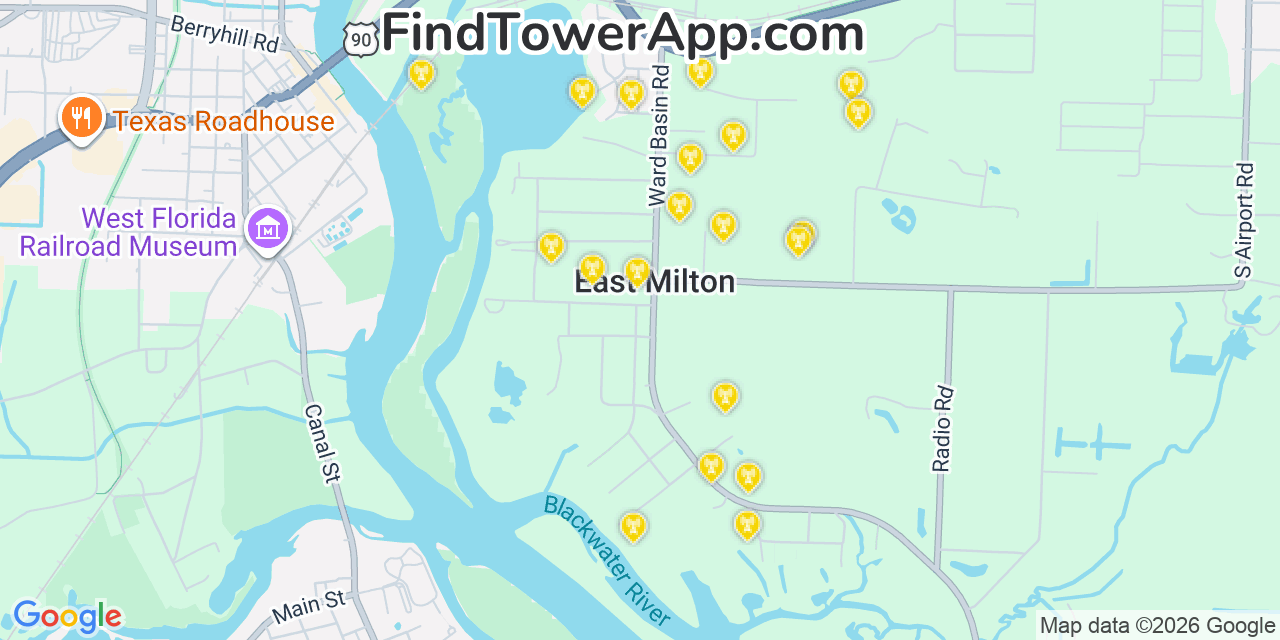 Map showing the 20 primary cell tower locations detected in East Milton, Florida from AT&T, Verizon, and T-Mobile networks