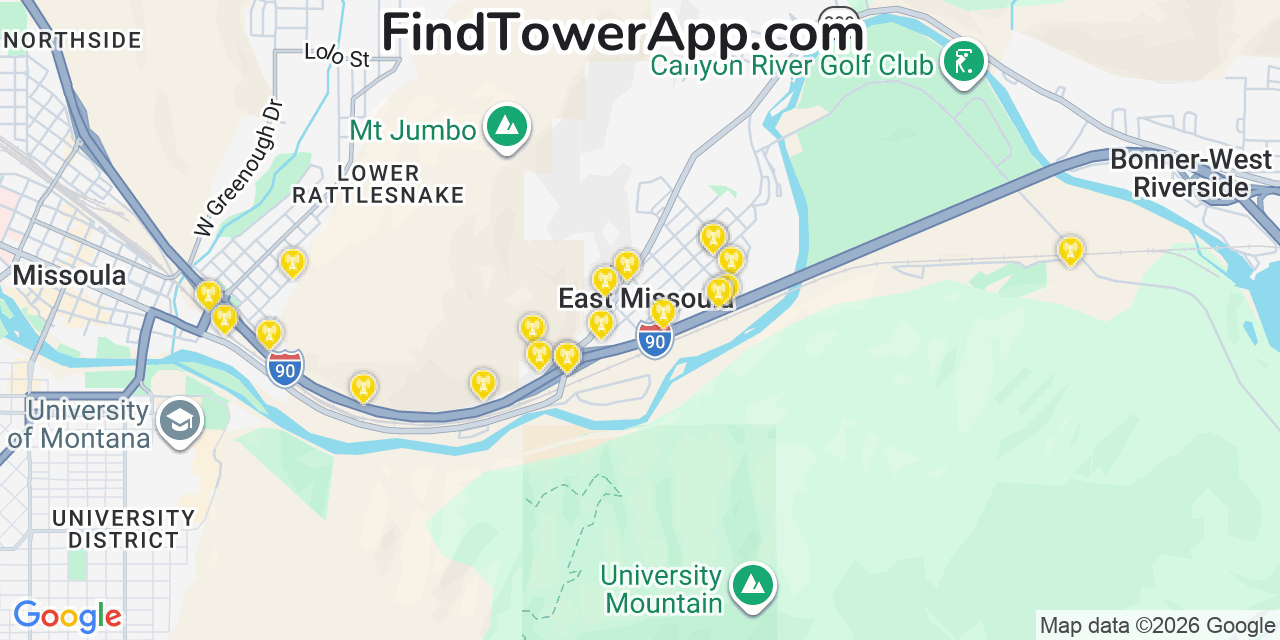 Map showing the 20 primary cell tower locations detected in East Missoula, Montana from AT&T, Verizon, and T-Mobile networks