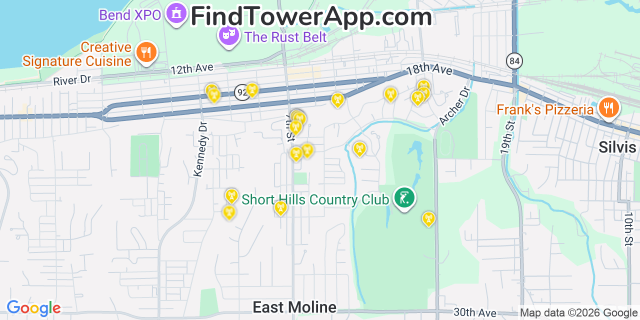 Map showing the 20 primary cell tower locations detected in East Moline, Illinois from AT&T, Verizon, and T-Mobile networks