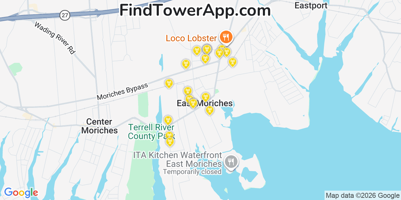 Map showing the 20 primary cell tower locations detected in East Moriches, New York from AT&T, Verizon, and T-Mobile networks