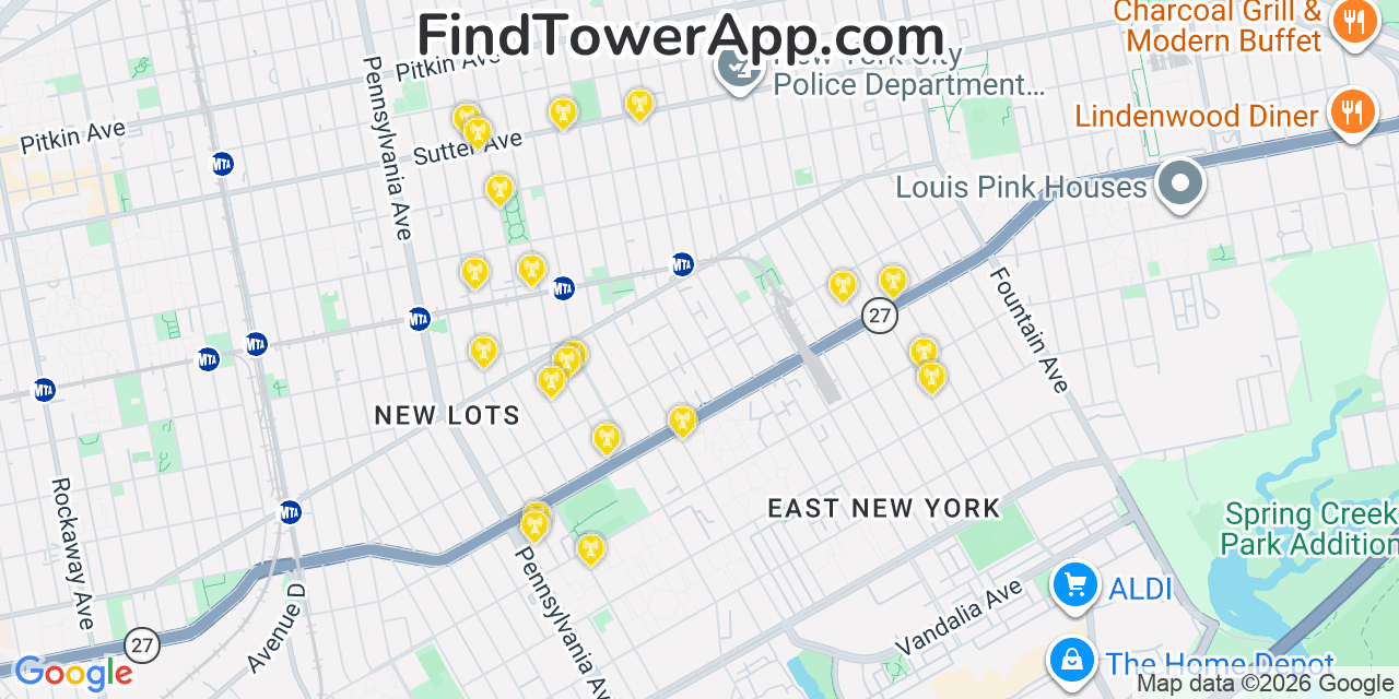 Map showing the 20 primary cell tower locations detected in East New York, New York from AT&T, Verizon, and T-Mobile networks