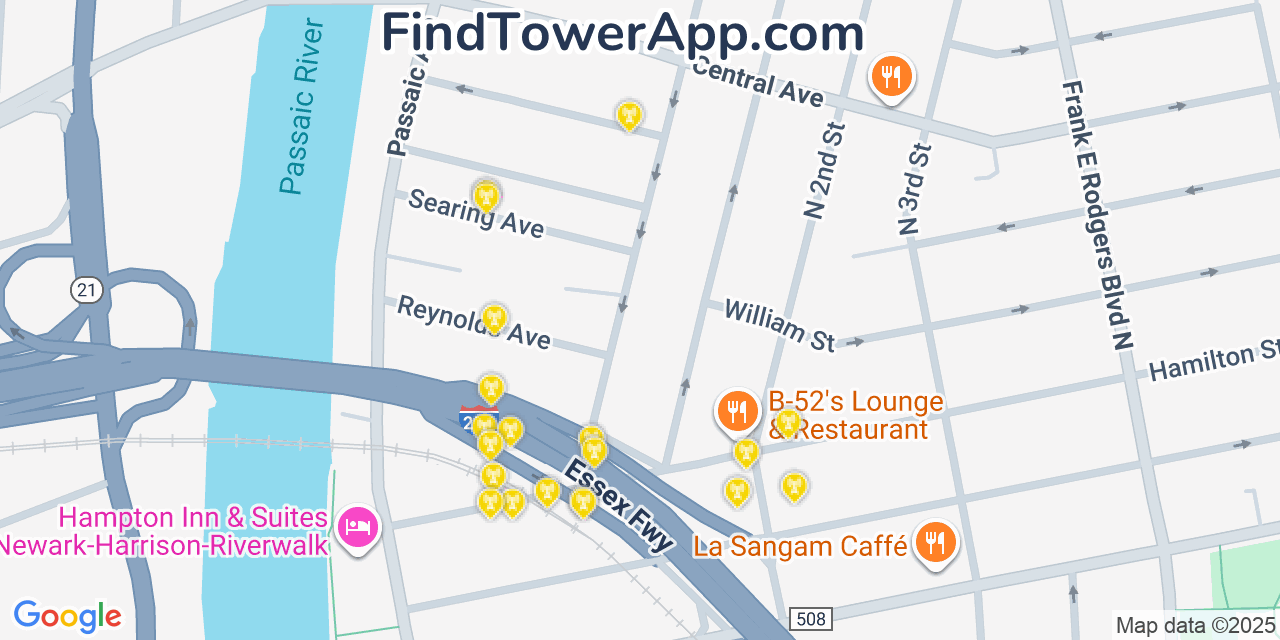 Map showing the 20 primary cell tower locations detected in East Newark, New Jersey from AT&T, Verizon, and T-Mobile networks