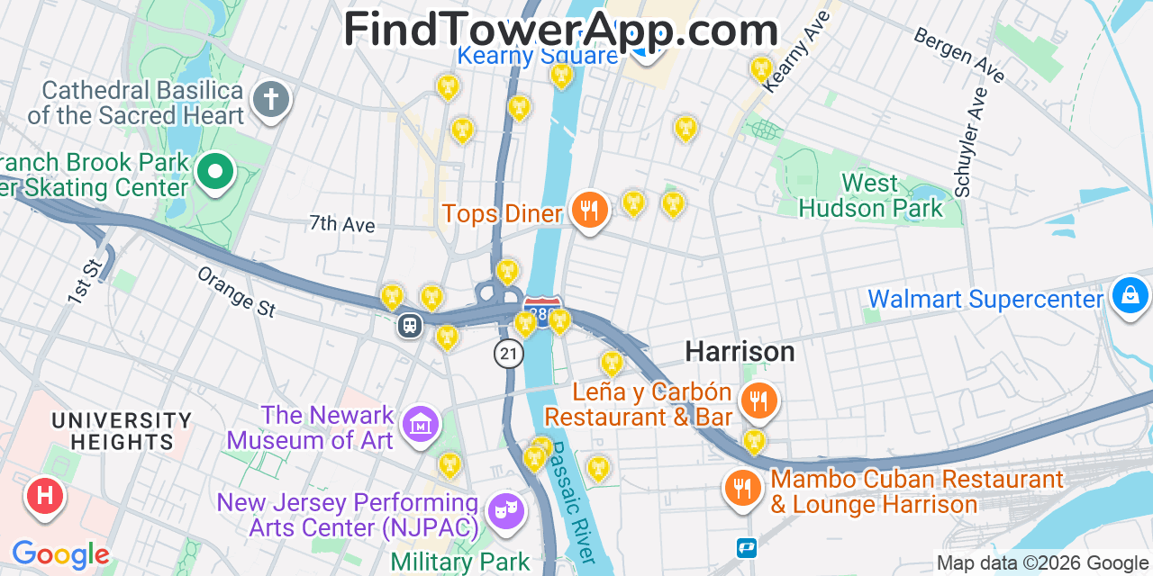 Map showing the 20 primary cell tower locations detected in East Newark, New Jersey from AT&T, Verizon, and T-Mobile networks