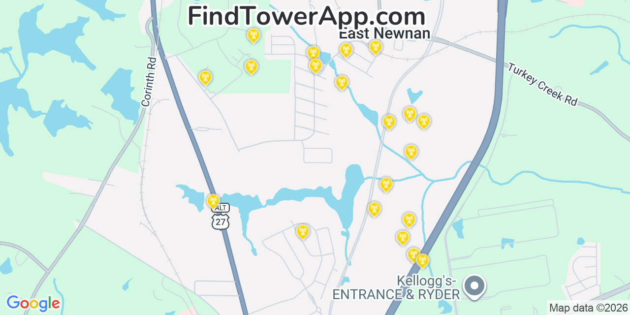 Map showing the 20 primary cell tower locations detected in East Newnan, Georgia from AT&T, Verizon, and T-Mobile networks